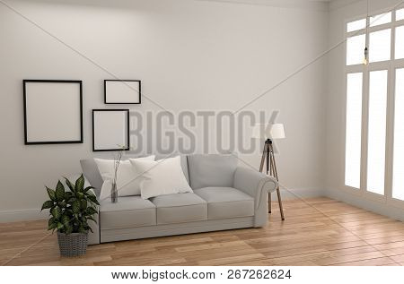 White Room Interior Scandinavian Style - Modern Room With Sofa Lamp Pillow Plants And Frame, Wooden 
