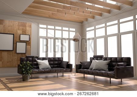 Living Room Interior Scandinavian Style - Modern Room With Sofa Frame Pillow Lamp Plants Window - Wo
