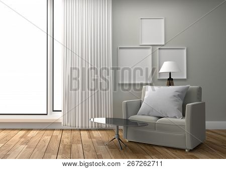 Modern Room Interior - White Scandinavian Style, With Sofa Pillow Table Lamp And Frame, Wooden Floor