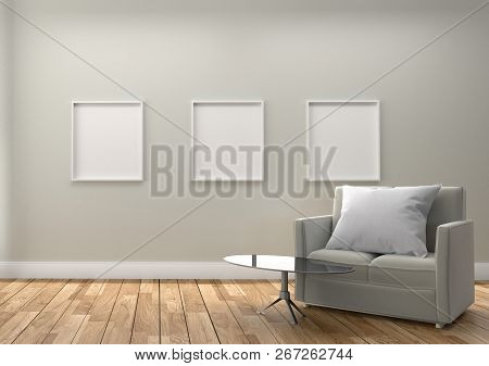 Frame On Empty White Wall Background - Scandinavian Style - White Room With Pillow On Sofa And Table