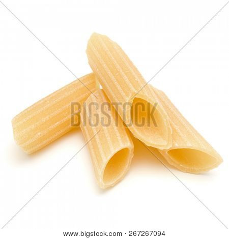 Italian pasta isolated on white background. Pennoni. Penne rigate.