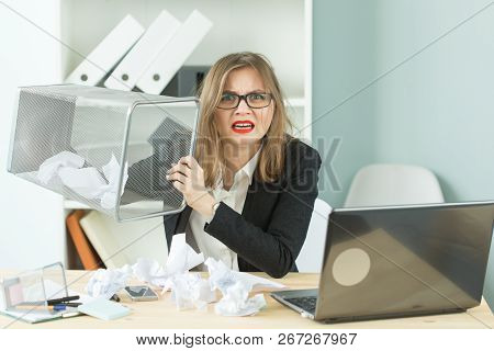 Stress, Office, Hysteric, People Concept - Aggressive Woman With A Lot Of Work In Office Laugh Becau