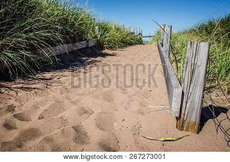 Sandy Path And Beach Grass Leads To Park Point Beach In Duluth Minnesota