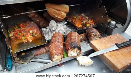 Turkish Street Food Kokorec Made With Sheep Bowel.