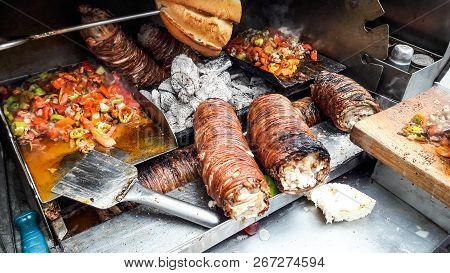 Turkish Street Food Kokorec Made With Sheep Bowel.