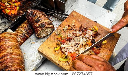 Turkish Street Food Kokorec Made With Sheep Bowel.