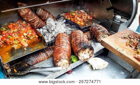Turkish Street Food Kokorec Made With Sheep Bowel.