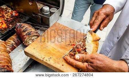 Turkish Street Food Kokorec Made With Sheep Bowel.