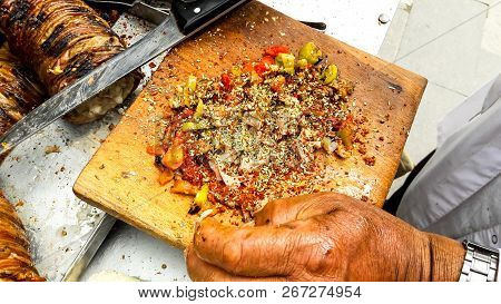 Turkish Street Food Kokorec Made With Sheep Bowel.
