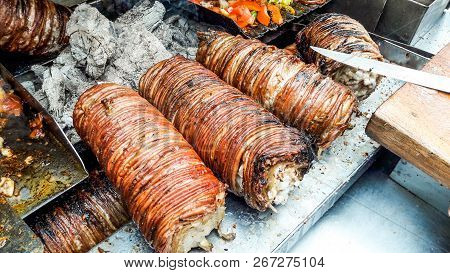 Turkish Street Food Kokorec Made With Sheep Bowel. Traditional Fast Food.