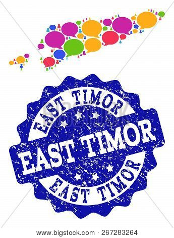 Social Network Map Of East Timor And Blue Scratched Stamp Seal. Mosaic Map Of East Timor Is Designed