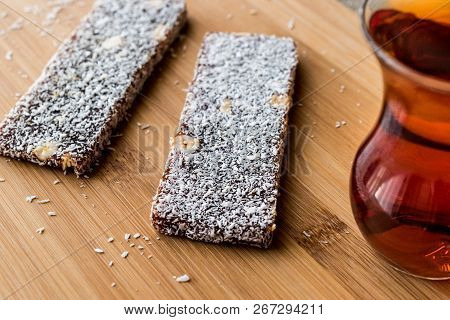Turkish Dessert Cezerye With Walnut, Coconut Powder And Tea