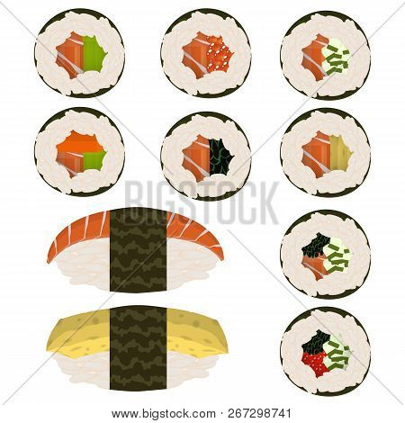 Set Of 10 Slices Sushi Rolls And Nigeri, Traditional Asian Food. Classic Recipes For Restaurant Menu