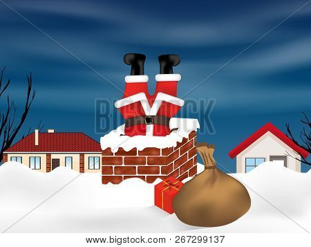 Santa Claus Stuck In The Chimney Upside Down And Sack Full Of Gifts. Winter Snowy Landscape. Christm