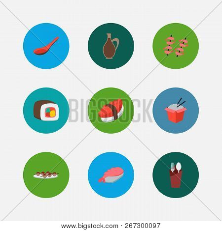 Nutrition Icons Set. Sushi Roll And Nutrition Icons With Sauce, Round Maki And Tako Maki. Set Of Fre