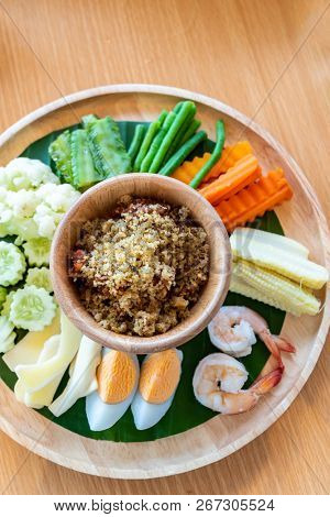 Nam phrik, Thai chili paste with variety vegetable and shrimp and egg.  Thai traditional food cuisine.