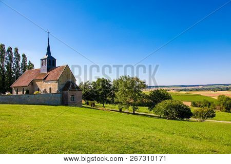 Church Of A Small Village In The Champagne Region In France, Near Reims.