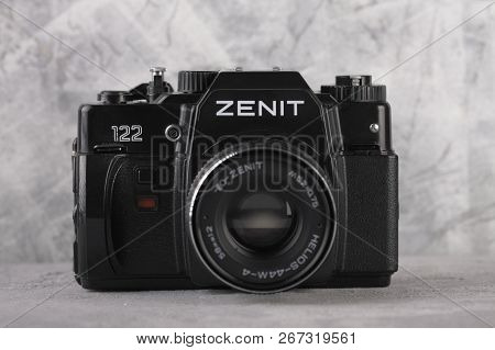 Moscow, Russia, May 14, 2017. The Old Soviet 35 Mm Slr Camera Zenit 122, Released 1997, On Cement Ba