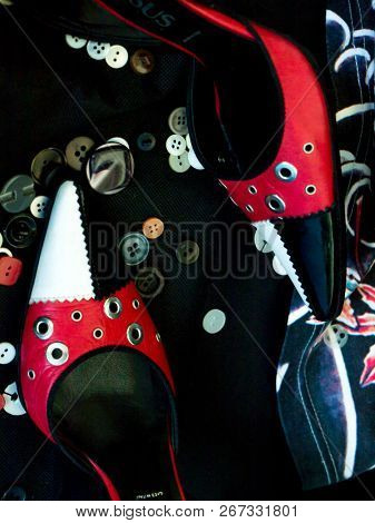 GOMEL, BELARUS - AUGUST 16, 2018: Versus (Versace) women's shoes. Versus (Versace) is the diffusion line of Italian luxury fashion house Versace.