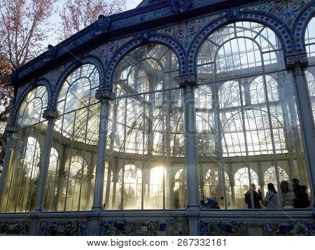 Madrid, Spain - January 24, 2018: People In The Ballroom Of The Crystal Palace Palacio De Cristal, L