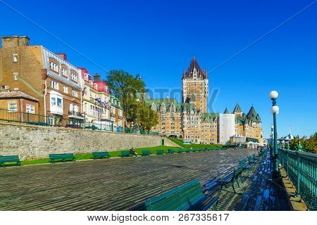 Quebec City, Canada - September 27, 2018: View Of The Dufferin Terrace And The Chateau Frontenac, Wi