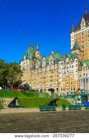 Quebec City, Canada - September 27, 2018: View Of The Dufferin Terrace And The Chateau Frontenac, Wi