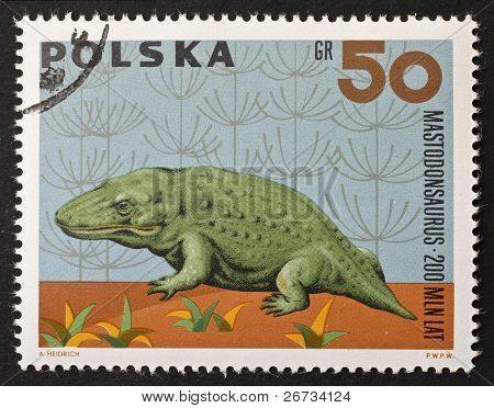 Polsko - cca 1966: známka vytištěna v Polsku ukazuje podobu Mastodonsaurus, Temnospondyl od th