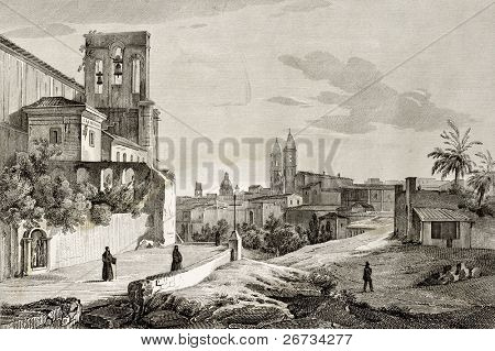 Staré ilustrace Mazara, Sicílie. Původní rytina, vytvořil A. Parboni a zveřejněny v Florén
