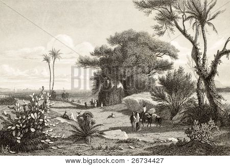 Alte Radierung zeigt Bild von Marsala Umgebung, Italien. Original gezeichnet von Henri de Chacaton, engr