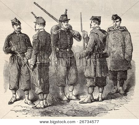 Antik Gravur Darstellung eines Projekts für neue Uniformen der französischen Armee im 19 c. original,