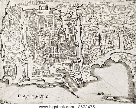 Una vecchia mappa di Palermo, la principale città della Sicilia. La mappa originale è stata creata da Coronelli e fu pu