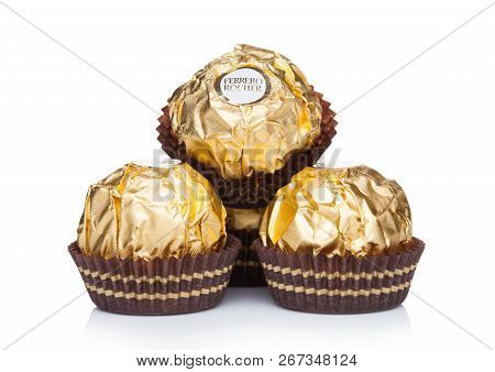 London, Uk - November 08, 2018: Ferrero Rocher Premium Chocolate Sweets On White Background.