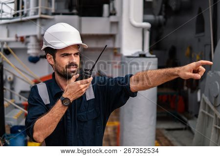 Marine Deck Officer Or Chief Mate On Deck Of Vessel Or Ship