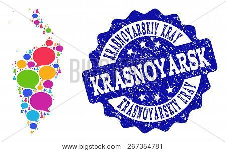Social Network Map Of Krasnoyarskiy Kray And Blue Scratched Stamp Seal. Mosaic Map Of Krasnoyarskiy 