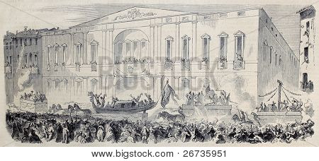 Ancienne illustration du carnaval de Milan en 1860 : défilé de calèches. Original, du dessin de Worms, après