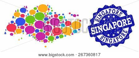 Social Network Map Of Singapore And Blue Distress Stamp Seal. Mosaic Map Of Singapore Is Composed Wi