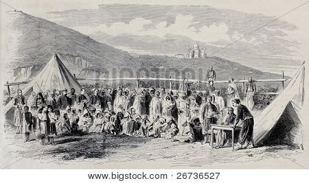 Stary ilustracja ludzie algierski rejestracji w centrum Tagarin dla żebraków. Przez Pauquet i Duthe