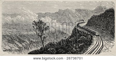 Vecchia illustrazione del paesaggio della ferrovia di Mont Cenis (ferrovia aperta nel 1868 e smantellato nel 1871). Cre