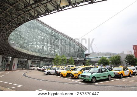 Kanazawa Japan - June 09, 2018: Taxis Park At Kanazawa Train Station Kanazawa Japan