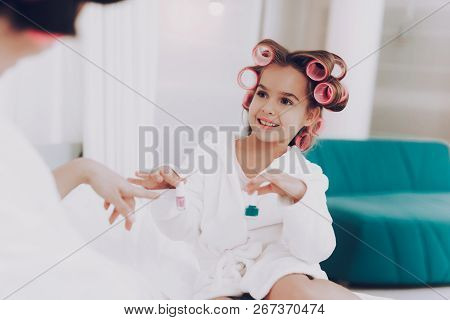 Lacquer For Mother. Little Girl With Mother. Fun Girl With Mother. Beauty Saloon At Home With Daught
