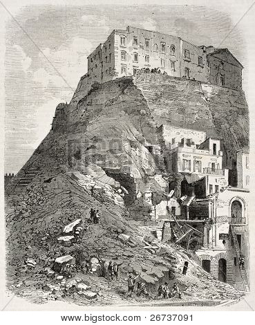 Effetti catastrofici della frana di Monte Echia, a Santa Lucia, che circondano Napoli, Italia. Creato 