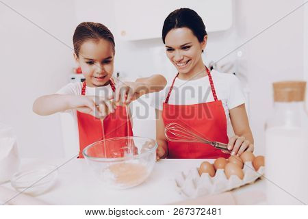 Mother Preparation Egg For Sweet Fod. Smile With Beautiful Daughter. Girl Happy With Mother When Mot