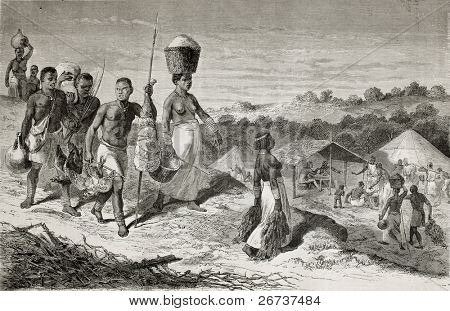 Gamle illustration af indfødte afrikansk transporterer mad forsyninger i landsbyen. Lavet af Bayard og Pan