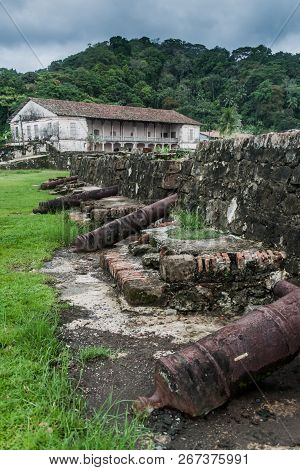 Cannons At Fuerte San Jeronimo Fortress And Real Aduana Customs House In Portobelo Village, Panama