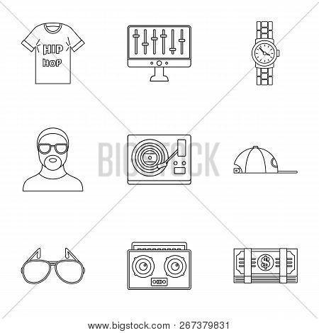 Gangsta Rap Icon Set. Outline Set Of 9 Gangsta Rap Icons For Web Design Isolated On White Background