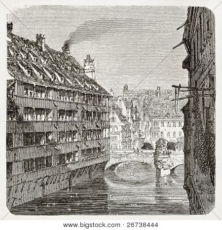 Starožitný ilustrace v Norimberku, Německo, starý most přes řeku Pegnitz. Vytvořil Therond,