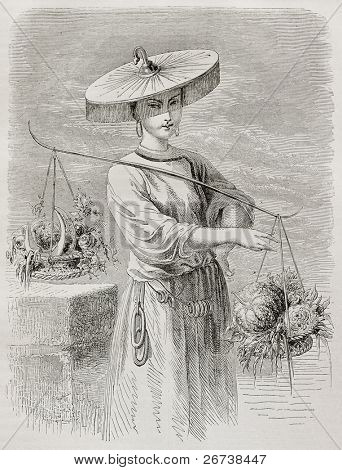 Antiga ilustração do vendedor vegetal em Tianjin. Criado por Bayard depois aquarela de Fane, publis