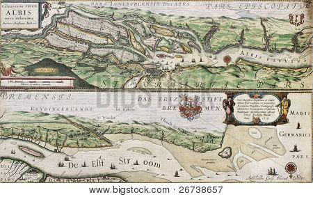 Gamle kort over Elben og Hamburg havn fra Atlas tillæg. Lavet af Willem Blaeu, udgivet i