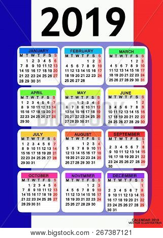Abstract Calendar For 2019 Year With Flag Of France. Design For Calendar 2019. Calendar On Colorful 