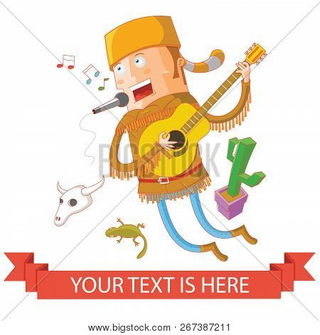 Illustration Of A Singing Man With Coonskin Cap Playing Guitar